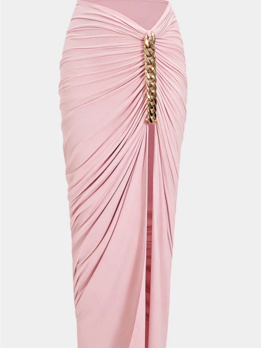 Ruched Pink Maxi Skirt with Gold Chain Detail
